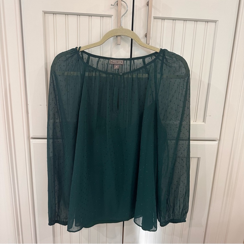 Point Sub Sheer Metallic Balloon Sleeve Blouse in Emerald Size M